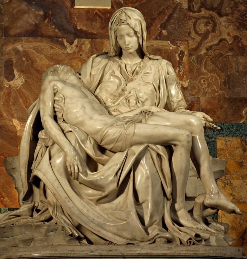 Pietá, uma das mais famosas esculturas de Michelangelo. Mostra Jesus morto nos braços de sua mãe. Mostra ainda a influência religiosa nas obras Renascentistas.